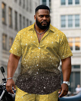 Big Men's Gold & Black Cotton Blend Sequin Christmas Short Sleeve Shirt Trouser Set